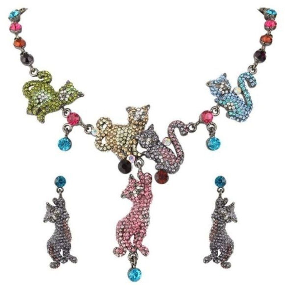 Hematite Black Multicolored Austrian Crystal Kitty Cat Necklace and Earrings Set